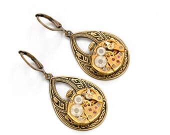 Steampunk Earrings GOLD BULOVA Steampunk Jewelry Vintage Watch Earrings Antique Brass Earrings Steam Punk Jewelry by Victorian Curiosities