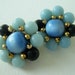 Vintage 60s Retro Kitsch Signed Japan Goldtone Gold Tone Light Blue Navy Blue Cats Eye Lucite Bead Cluster Earrings