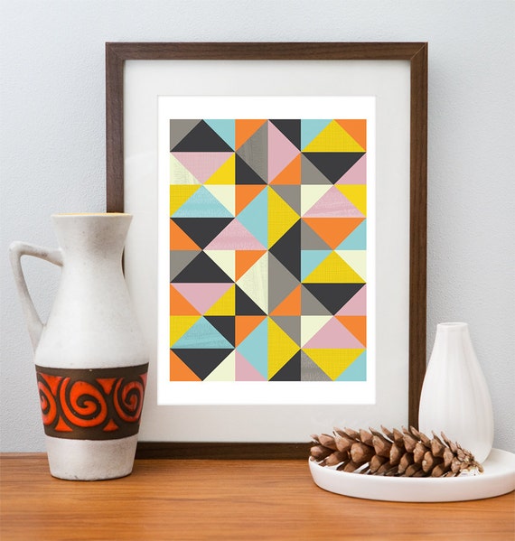 Geometric art print, colorful abstract art, Scandinavian design, gemotrical illustration wall decor, retro mid century modern poster A4 8x10