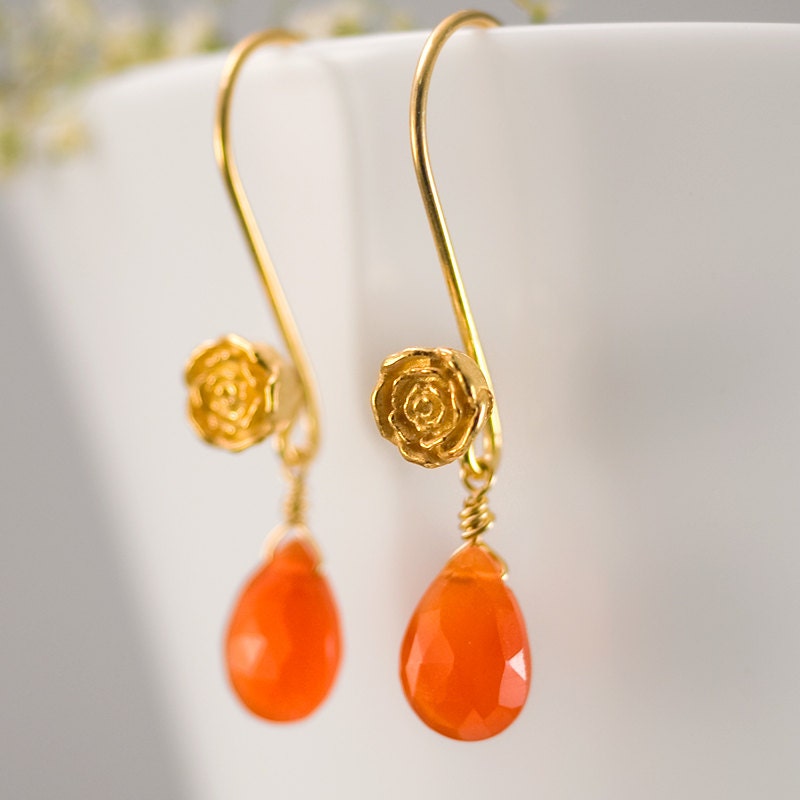 Carnelian Drop Earrings Gold Earrings Orange Flower 8941