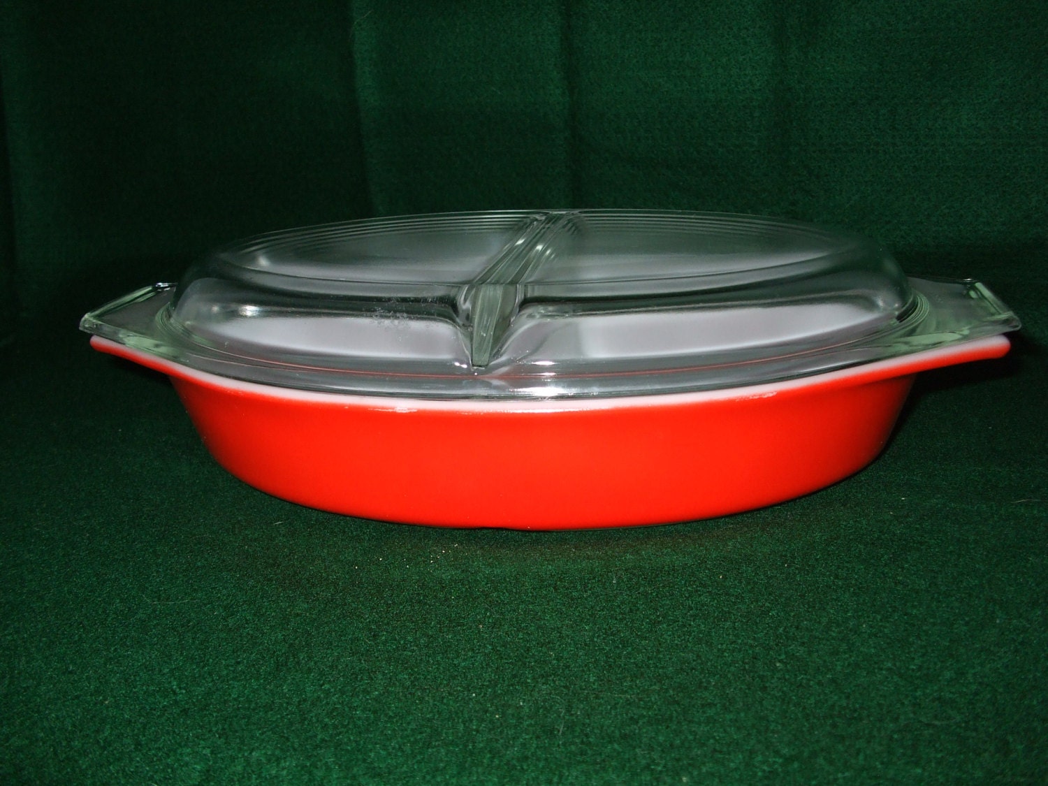 Vintage Pyrex divided casserole dish in Red Haute Juice