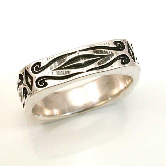 Mens Engraved Silver Ring - Antique Styled Square Ring