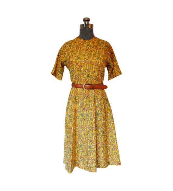 Vintage 1960s 60s Dress - Yellow Cotton Print Day Wiggle Office ...