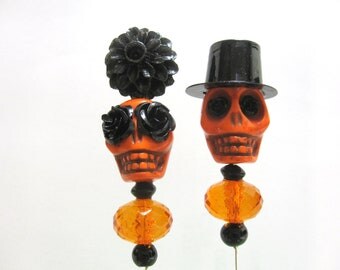 Sugar Skull Cake Topper Day Of The Dead Orange Black Lapel Pin Hat Pin Bride Groom