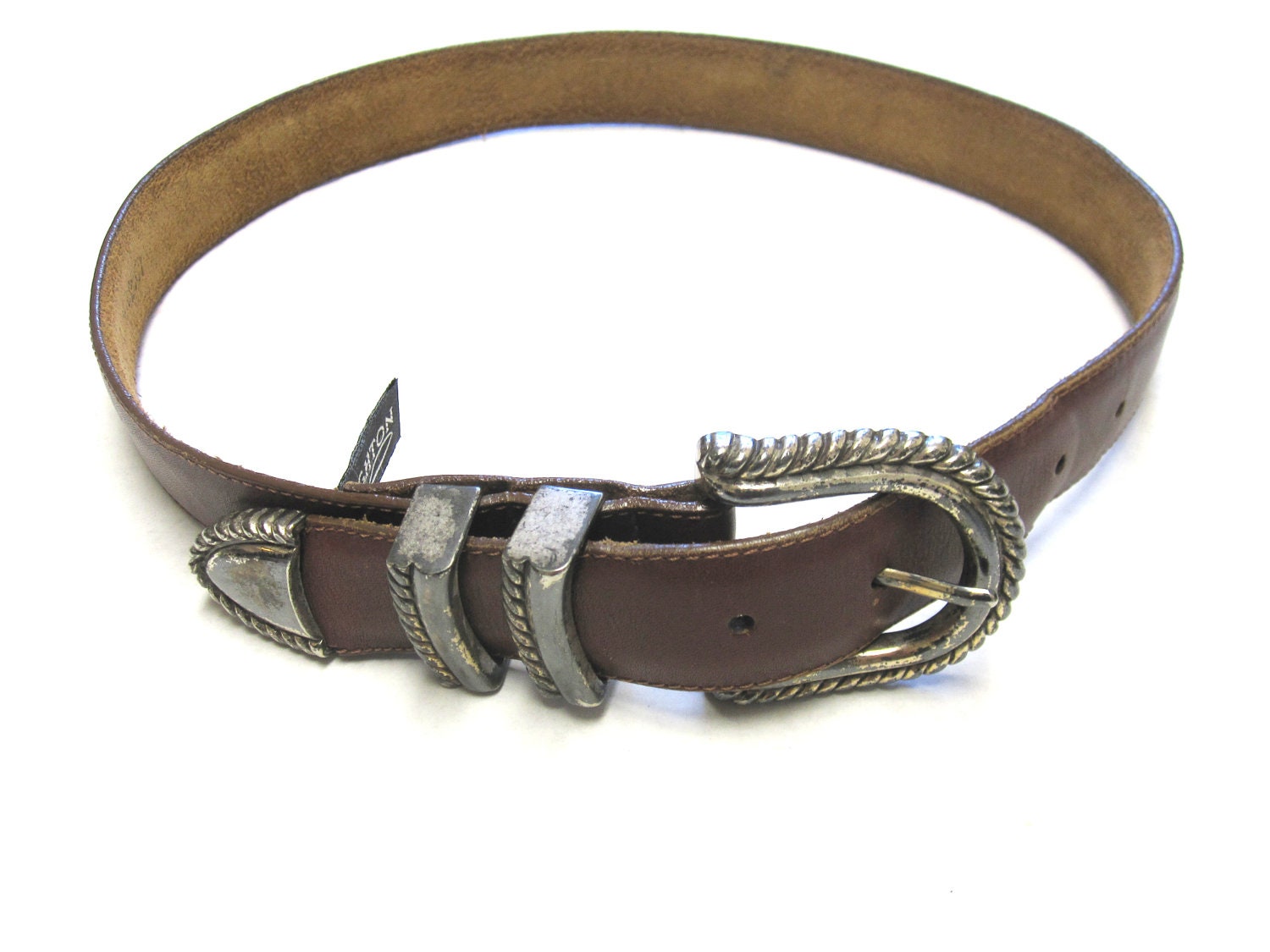 Brown Leather Belt Western Scrolled Silver Tone Buckle Mens