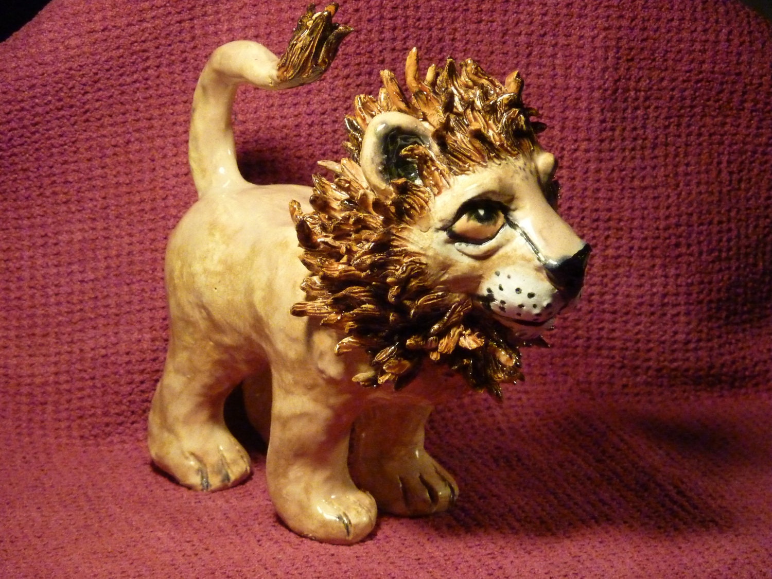 Lion hand made in USA from a lump of clay by customcrittersbydeb