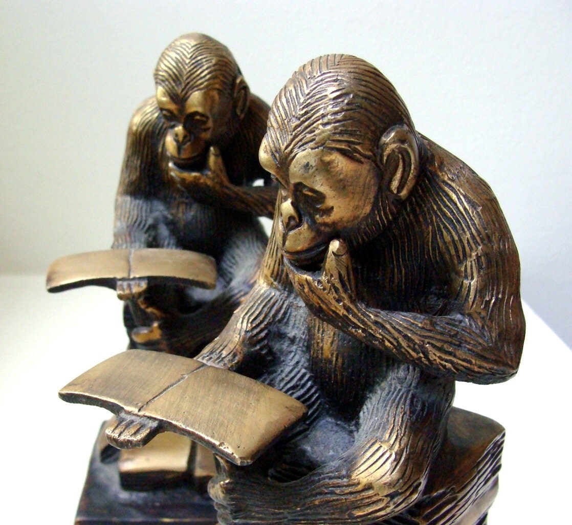 Vintage Bronze Monkey Bookends Sculpture Paperweight