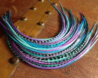 Feather Hair Extension Jawbreaker Long Blue, Turquoise, Purple Grizzly Hair Feather Extensions Kit bonded with crimp beads, threader
