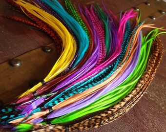 Feather Hair Extensions Hair Accessory Grab Bag 10 Mixed Popular Colorful Dyed, Natural, Grizzly Hair Feathers Extension Loose Kit Sale