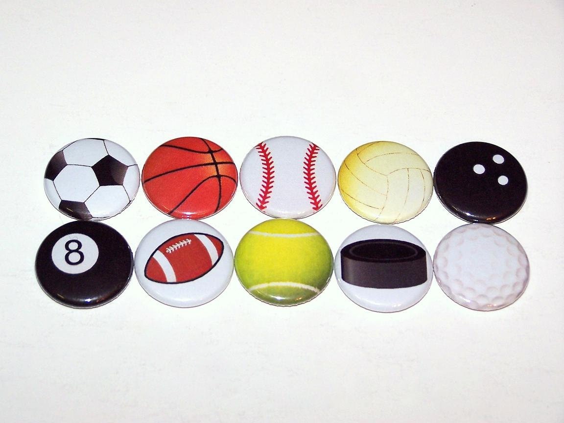 Sports Ball Variety Set of 10 Buttons You Choose 1 Inch