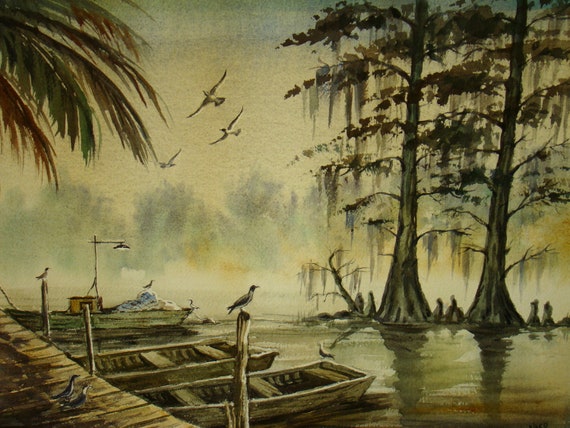vintage painting Louisiana Bayou coastal landscape watercolor