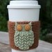 Sage green woodland owl Coffee Cozy, crocheted, caramel sleeve