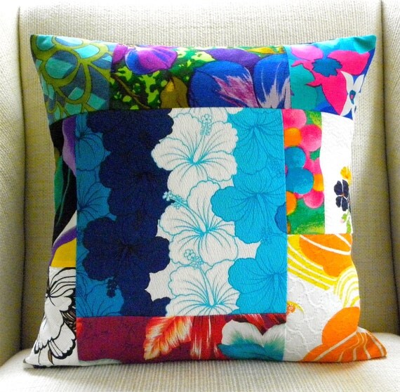 18 x 18 Pillow Cover Vintage Floral Crazy Quilt Blue