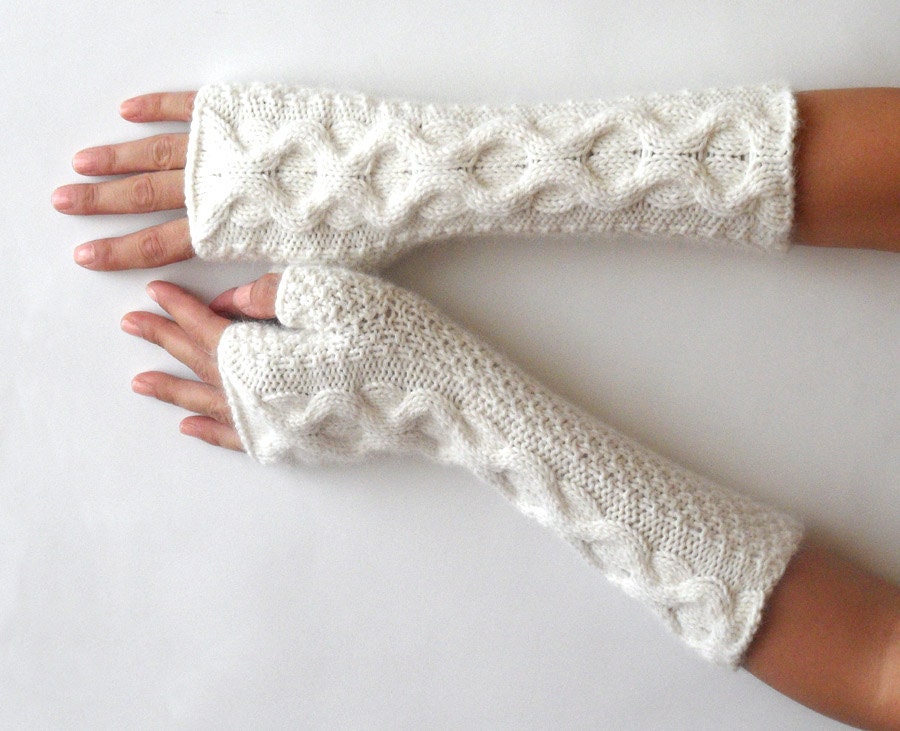 Soft Cashmere Fingerless Gloves White Knit Arm Warmers