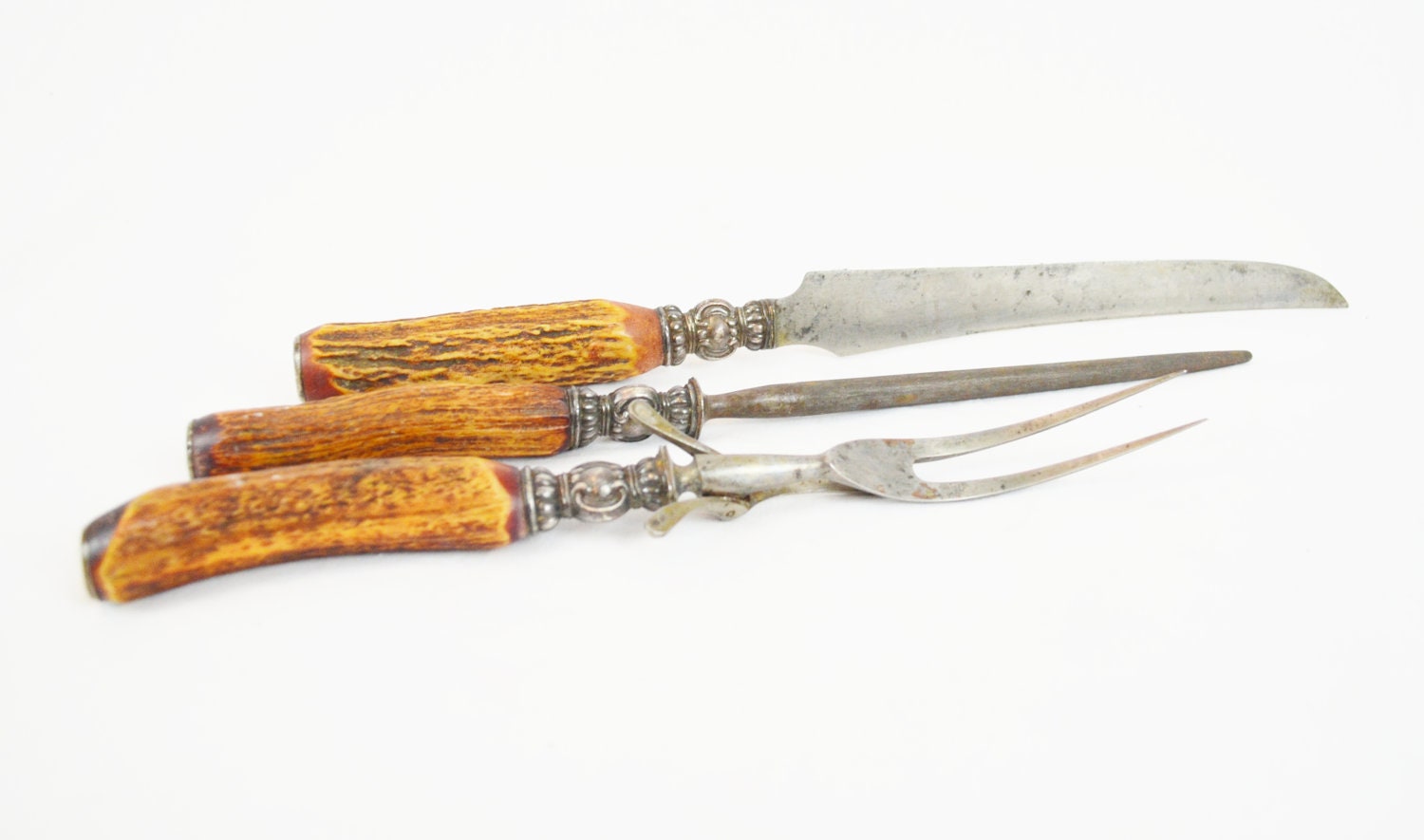 Antique Bone Handle Carving Set Knife Fork Sharpener