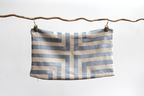 Doha lumbar pillow cover hand printed in metallic silver on natural ecru organic hemp