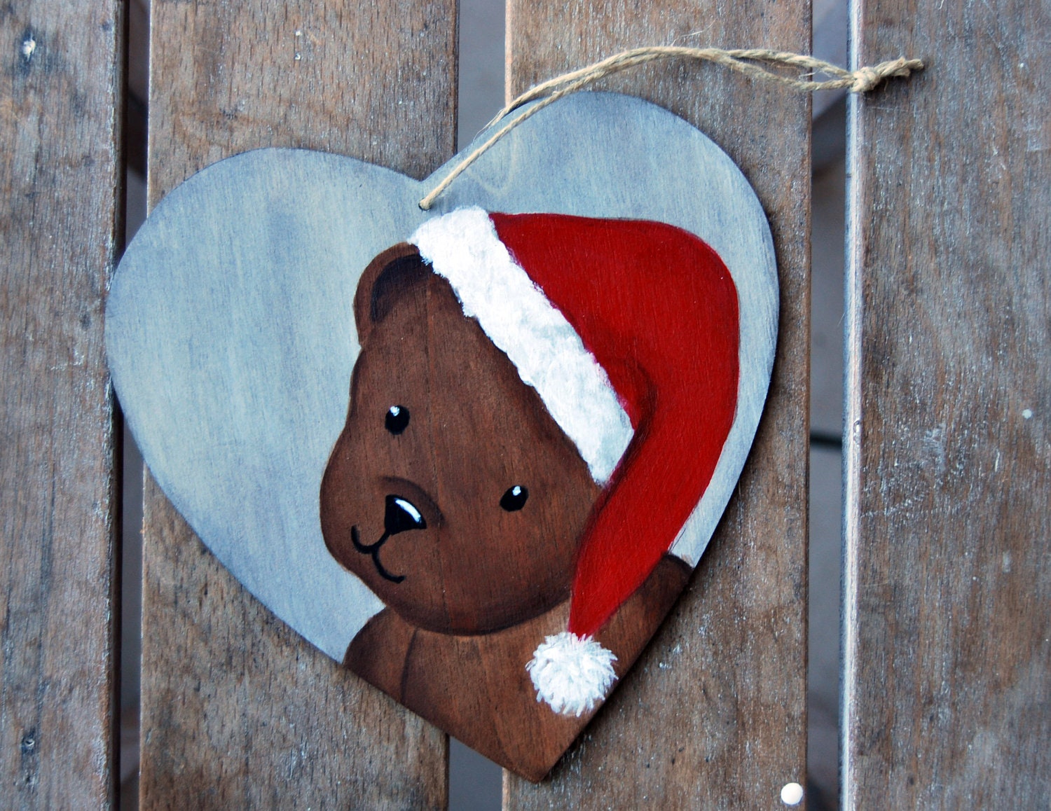 Door ornament Picture heart teddy bear "Santa Claus" - Ornament christmas french - Holidays decoration- Sar of chritsmas