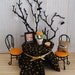 Miniature Halloween Scene With Black And Orange Table And Chairs, Tree With Hanging Ghosts And Bats, Burlap "OOOO" Pillow, And More