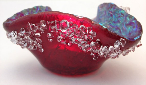 Dichroic Fused Glass  Candle Holder Poppy Red with Golden Turquoise Interior and  186