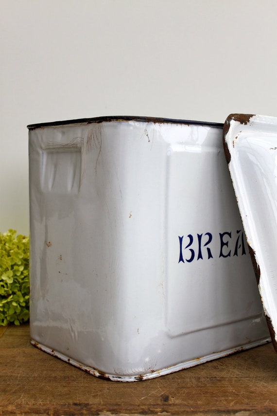 Enamel blue and white bread canister/box
