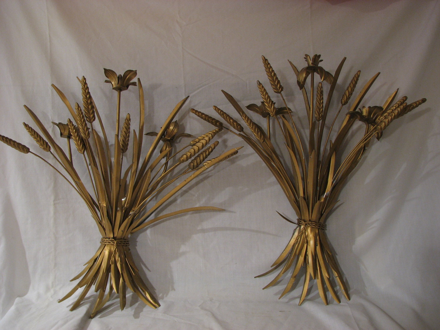 Mid Century Metal Wall Art Wheat Floral Spray Gilt Spiky Pair