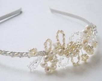 pearl crystal headband - freshwater pearl & clear crystal side tiara ivory rice pearl silver bridal alice band headband