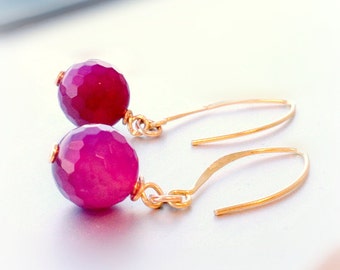 Fuschia Earrings - Hot Pink Fluorescent - Gold Jewelry - Agate Gemstone Jewellery - Spring - Fashion - Vibrant - Neon