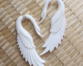 LATA Swan - Fake Gauge Earrings - Natural White Bone - Hand Carved Jewelry