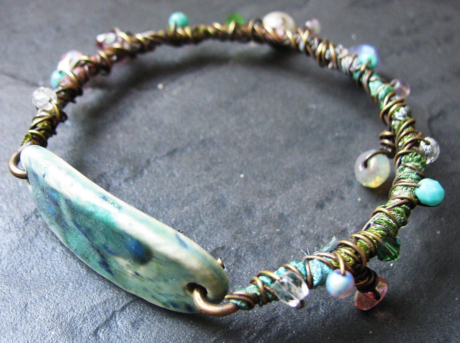 Handmade Ceramic Cuff Brass Sari Silk Wrapped Beaded Bangle