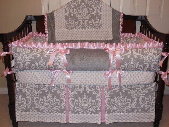 Custom crib Bedding set Gray Damask / Pink by katyasdesigns