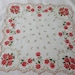VINTAGE Christmas Hankie 1950s White with ceam and gold design around scalloped red edge, poinsettia border, gold ornaments cotton print