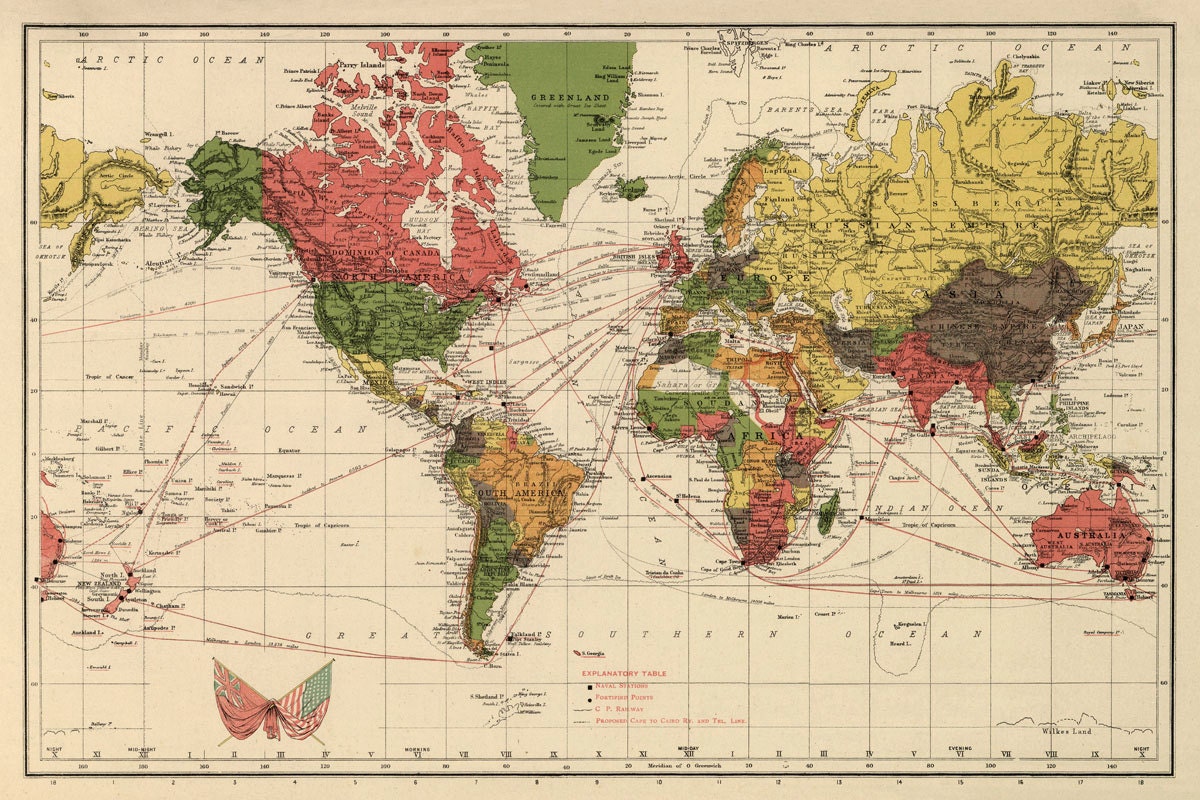 Vintage World Map Print Antique Wall Map Restored