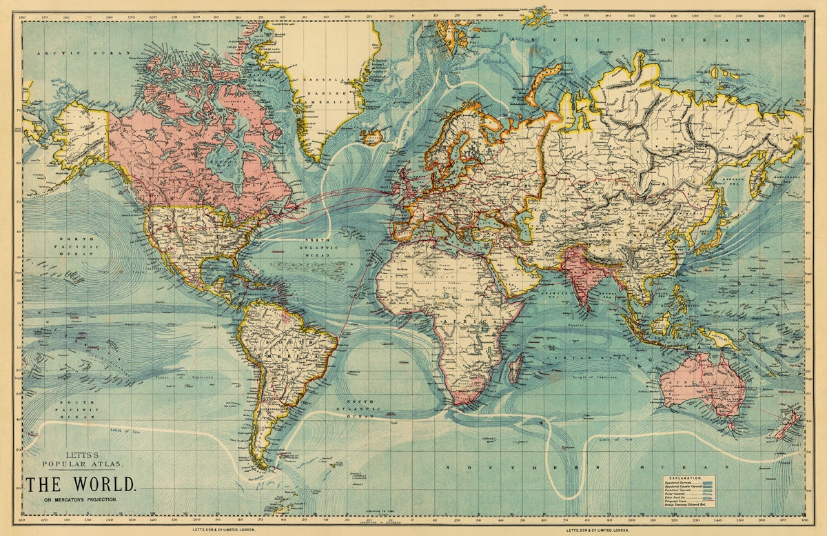 Vintage Map Of The World 30 X 46 5 Print On