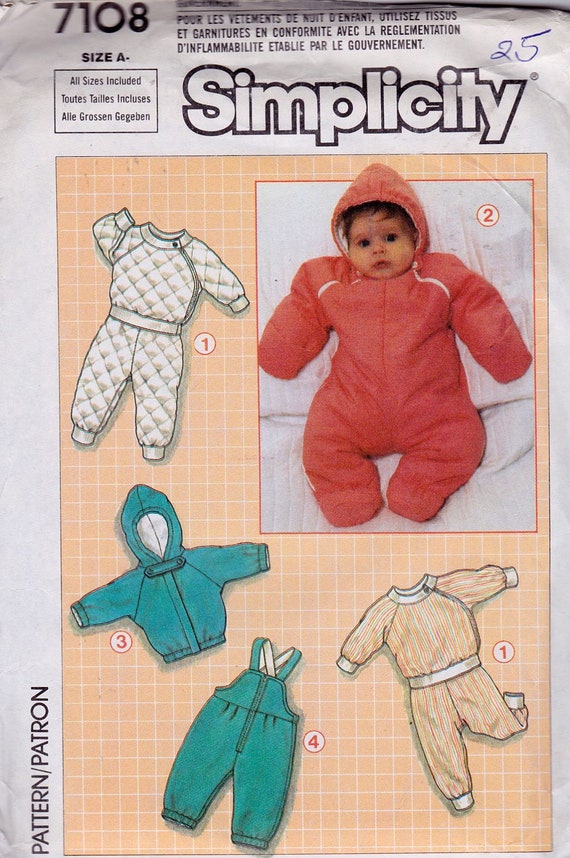 Simplicity 7108 Babies' Top and Pants, lined Jacket and Padded Snowsuit and Overalls Pattern, UNCUT, Size All, 1-18 months