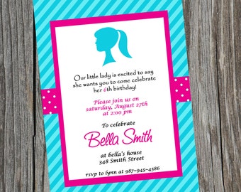 Little Lady Barbie Head Birthday Invitation. Girly Girl Printable Invitation. Customized Invite. Barbie Invite. Sweet Sixteen Invitation.