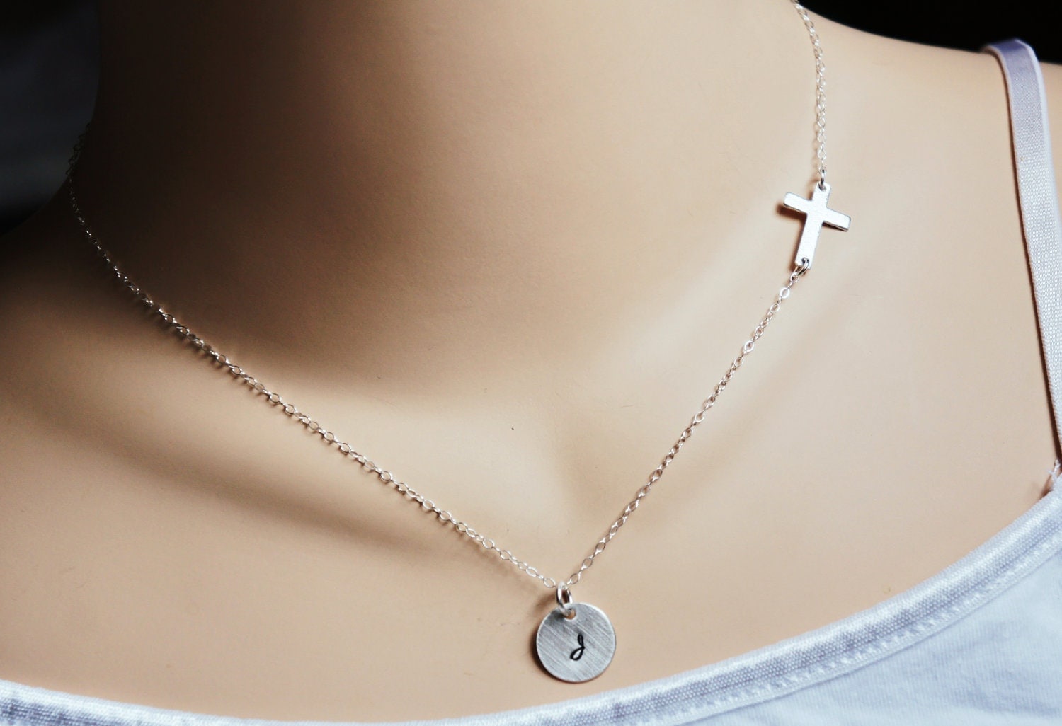 Sideways Cross Initial Necklace Personalized Sterling Silver