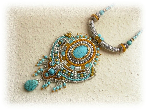 Egyptian princess bead embroidered necklace turquoise