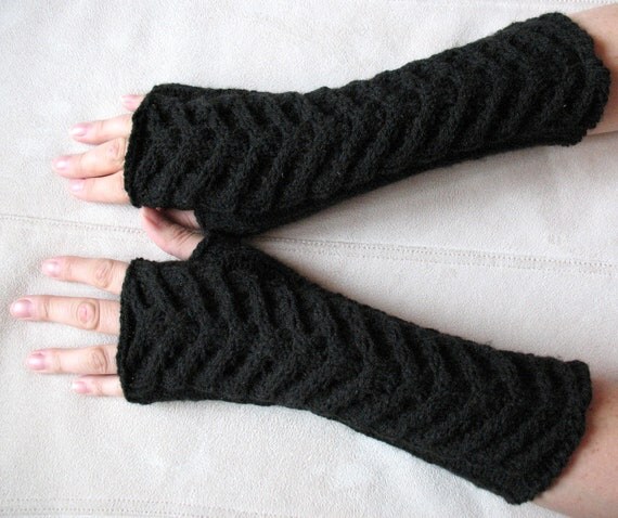 Fingerless Gloves Mittens black 12" Arm Warmers, Acrylic