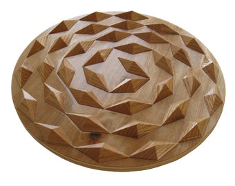 Spiral wood hot pad. Round wooden trivet with wood spirals. Woodwork centerpiece