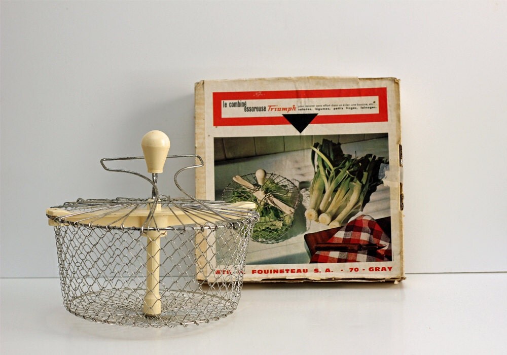 Vintage French Wire Basket / Salad Spinner with Original Box