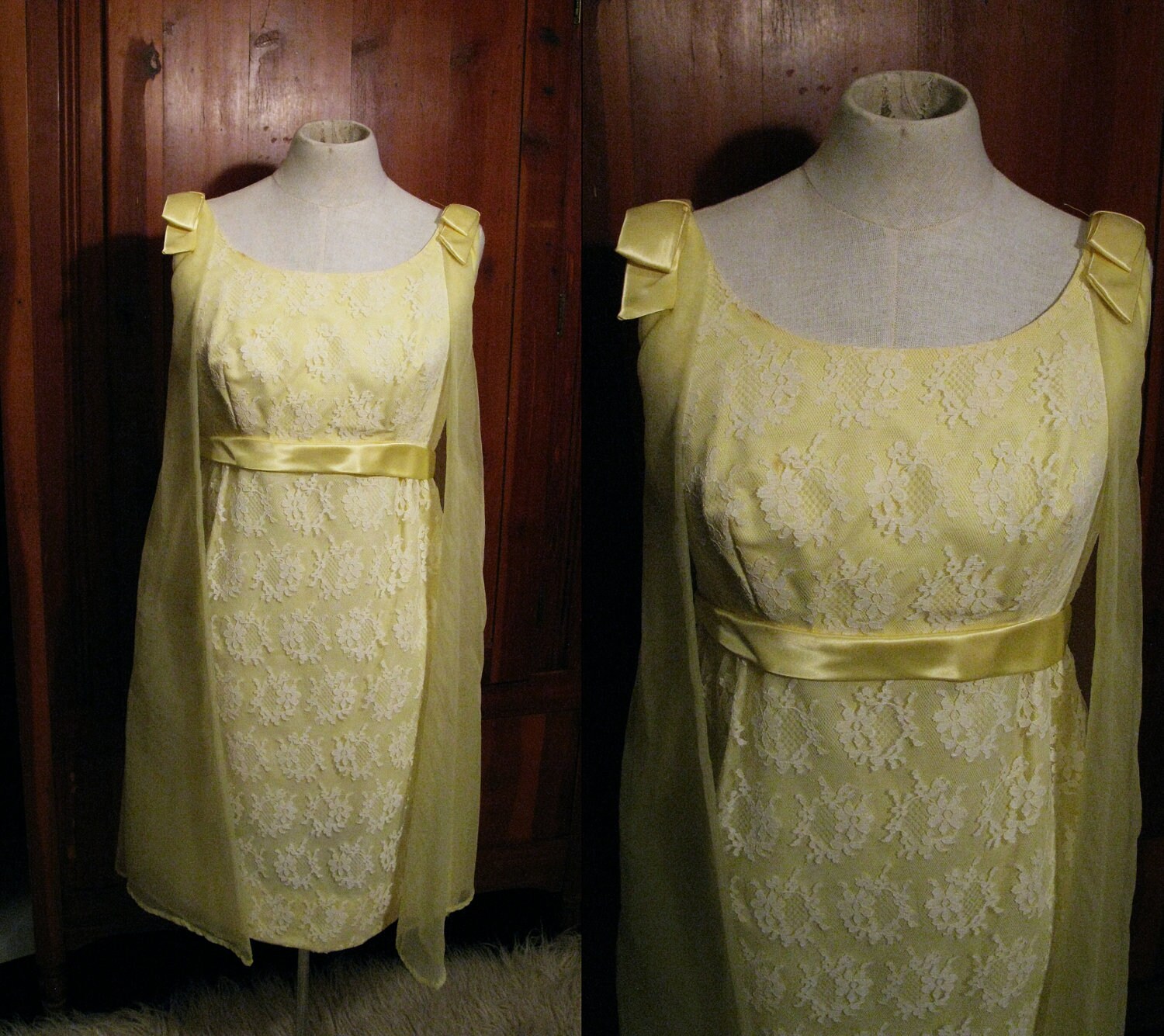 1960s Pale Yellow Chiffon and Lace Babydoll Cocktail Dress