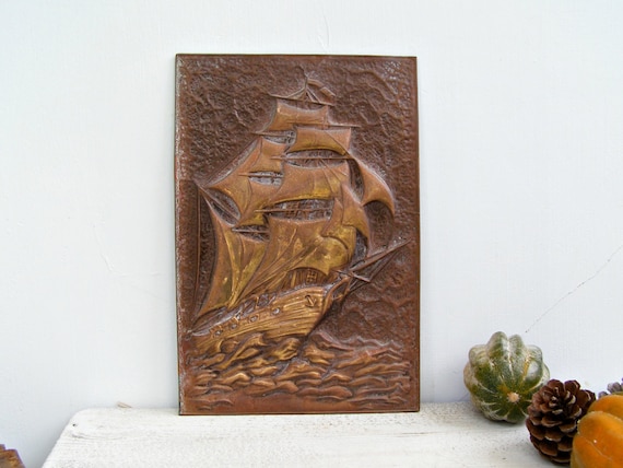 Antique Sailboat Hammered Copper Wall Art Nautical Rustic