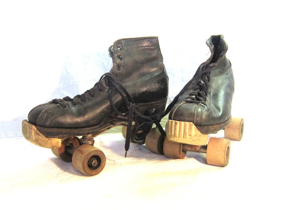 1920 Leather Black Roller Skates Wooden Wheels by slatternhouse5