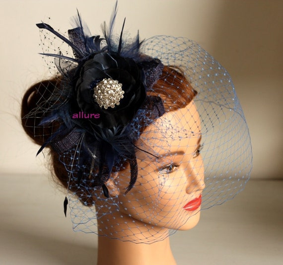 Fabulous BIRDCAGE VEIL navy blue wedding headpiece. Blue