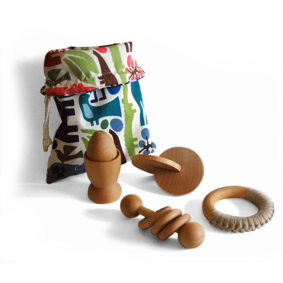 Montessori Baby Toy Gift Set 4 Natural Wooden Teething and