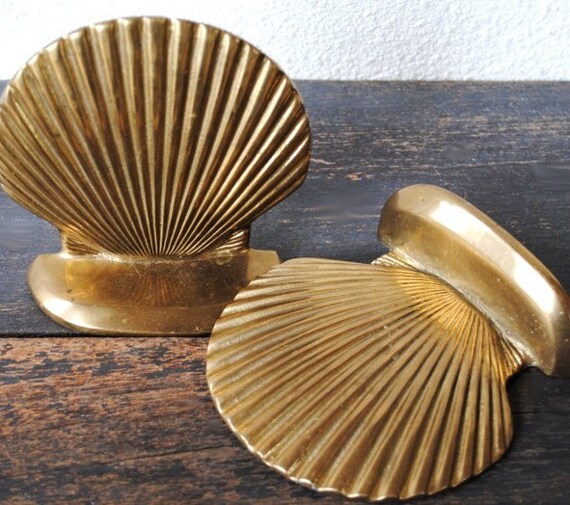 Vintage Brass Seashell Bookends Heavy Solid by vintageeclecticity