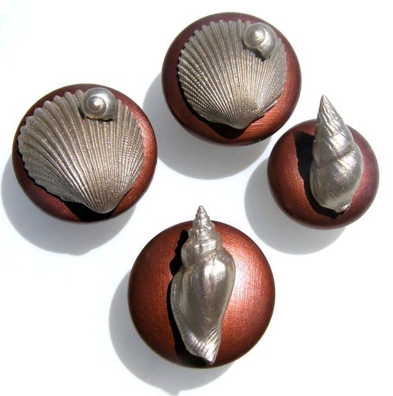 Furniture or Cabinet Knobs - Sea and seashell inspired - gold metallic and rich rust