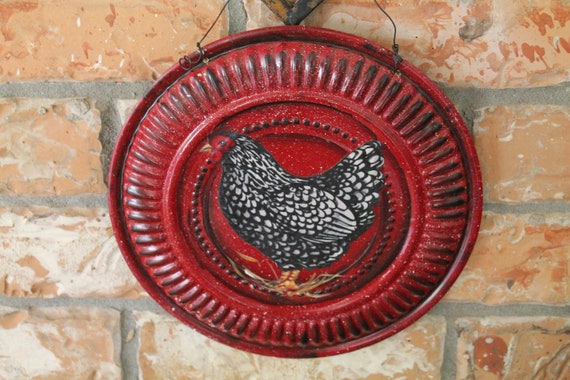 Chicken Decor..Upcycled Stove Vent Pipe Hole Cover..Americana