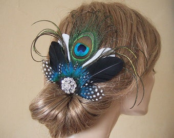 Elegant Peacock Fascinator with Guinea Fowl Feathers and Crystal Brooch Blue Green on Clip - Bridal Bridesmaids MNB106 Wedding 1920's Bride