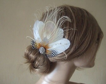 Cream White Gold Peacock Fascinator with Guinea Fowl Lady Amherst Feathers + Crystal Brooch Clip - MNB106W - Rustic Vintage Wedding - Bride